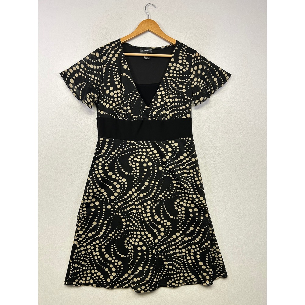 Whimsigoth Elementz Womens Large Black Tan Polka Dot Swirl A-Line Mesh Dress